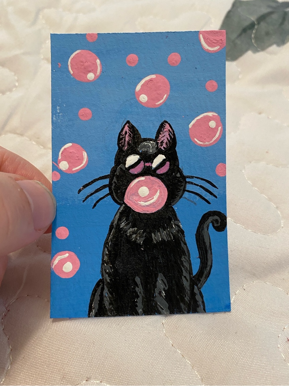 Bubblegum Midnight acrylic ACEO card 2.5 x 3.5 card original for cat lovers